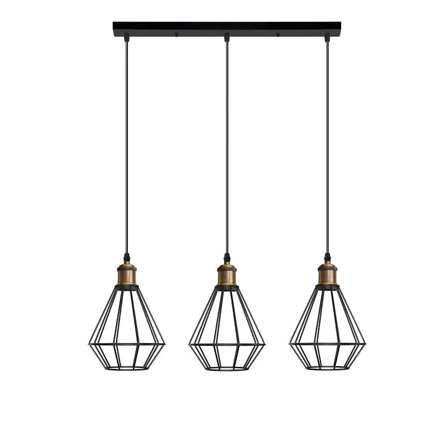 Black industrial style 3 light pendant light with wire cage guards and adjustable 95cm cord hanging from ceiling rose