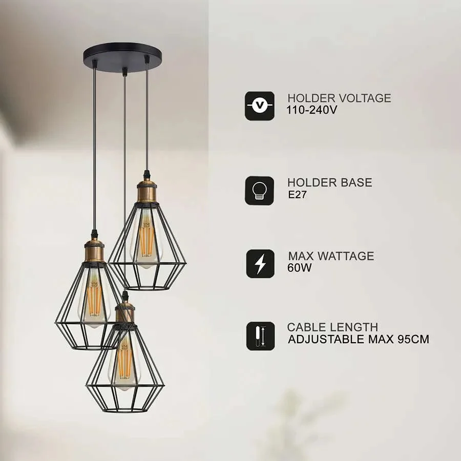 Black industrial cluster pendant light with three wire cage diamond-shaped shades hanging from adjustable cords