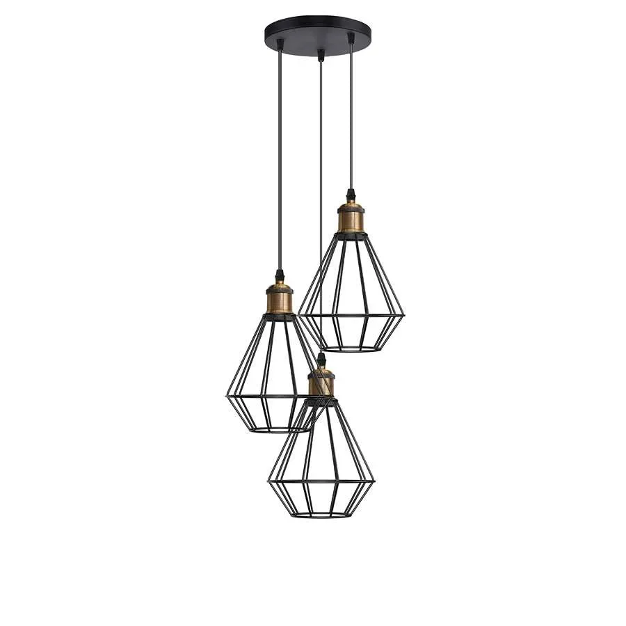 Black wire cage cluster adjustable ceiling hanging light with three bulbs and 95cm adjustable PVC cord hanging indoors