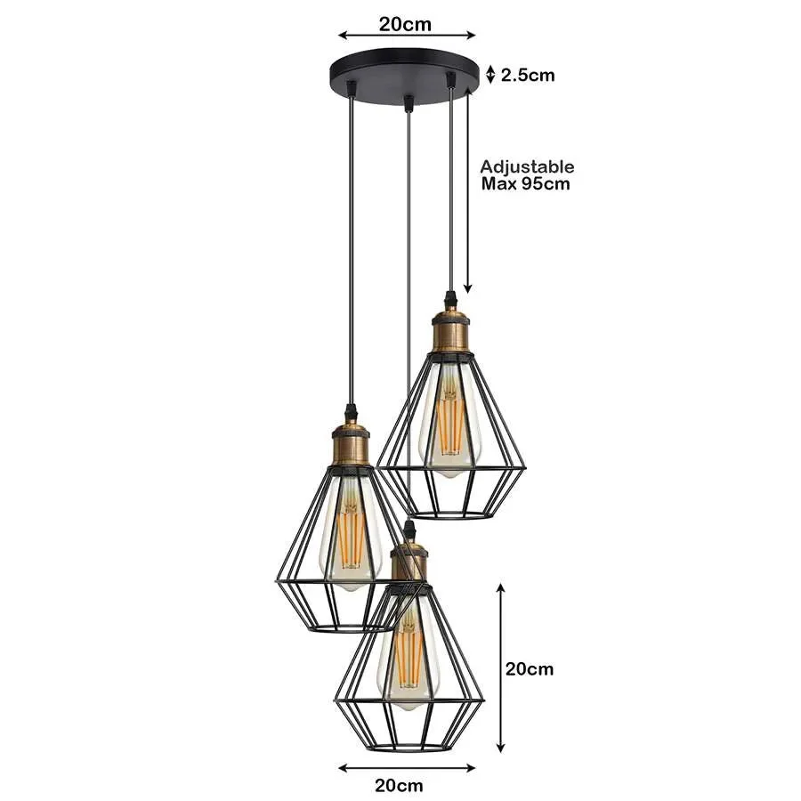 Black wire cage cluster pendant light with three E27 bulb holder pendants hanging from adjustable PVC cords