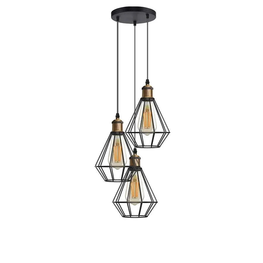 Black wire cage cluster pendant with three bulbs, retro style ceiling light with adjustable 95cm cord hanging indoors