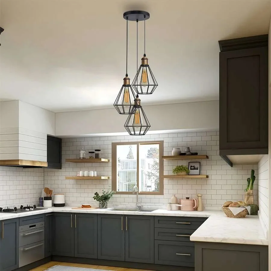 Black dimmable wire cage light with three diamond-shaped black metal cages hanging from adjustable cord