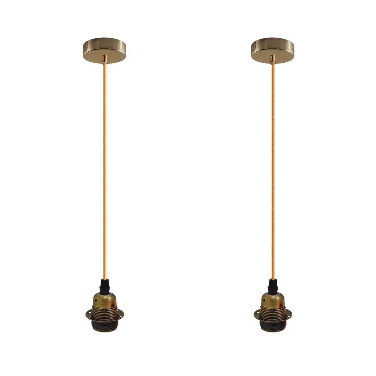 Two yellow brass pendant lights with E27 holders and 2m cables, vintage style for indoor hanging lighting