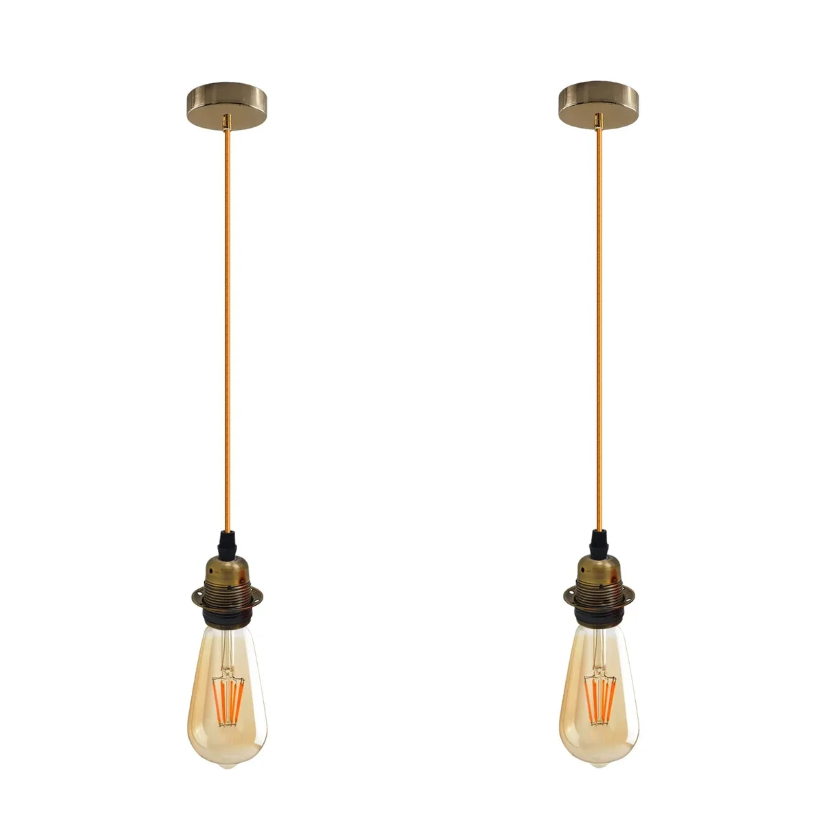 Two yellow brass vintage pendant lights with E27 holders and long black cables hanging against white background
