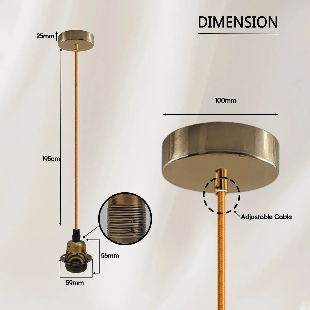 Two yellow brass pendant lights with E27 lamp holders and 2m cables hanging against a white background