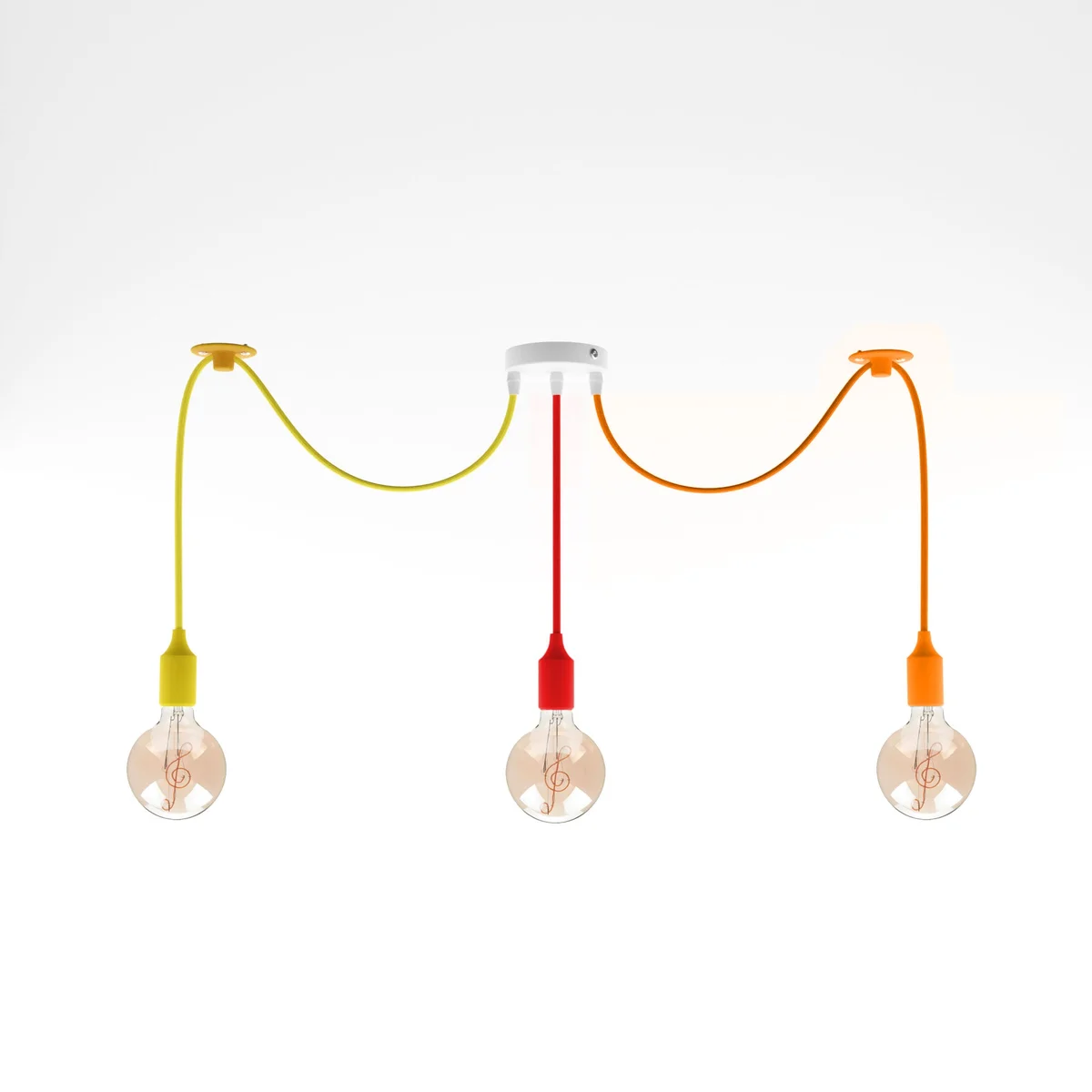 Three-head multi-color flex pendant light with adjustable cables and E27 bulb pendant sockets hanging from ceiling rose