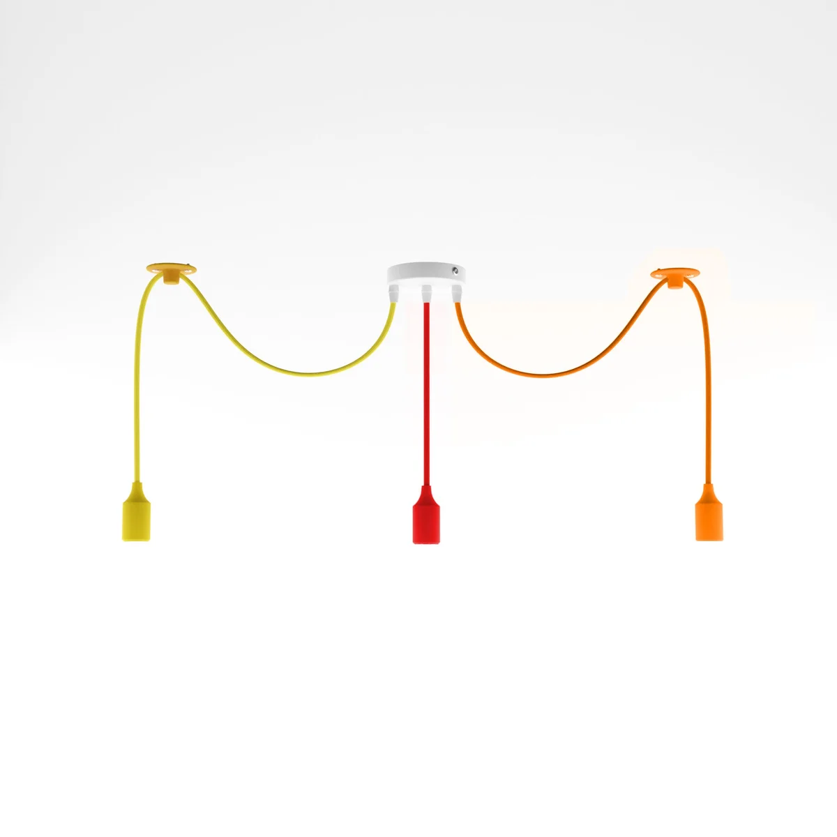 Three-head vintage style multi-color pendant light with adjustable fabric cables and metal holders hanging from ceiling rose