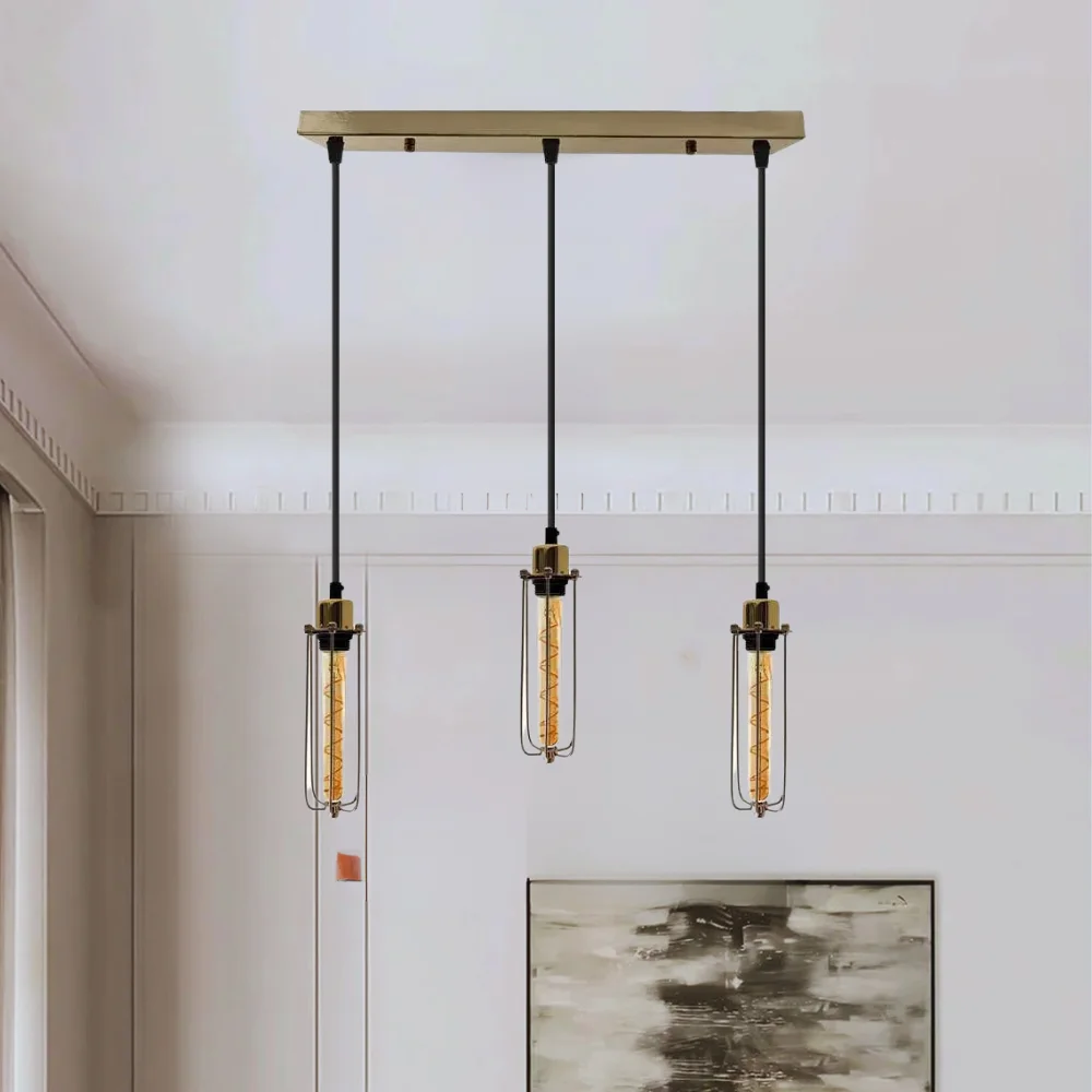 Three-head wire cage pendant light with long diamond-shaped black iron cages and adjustable cables hanging from ceiling rose