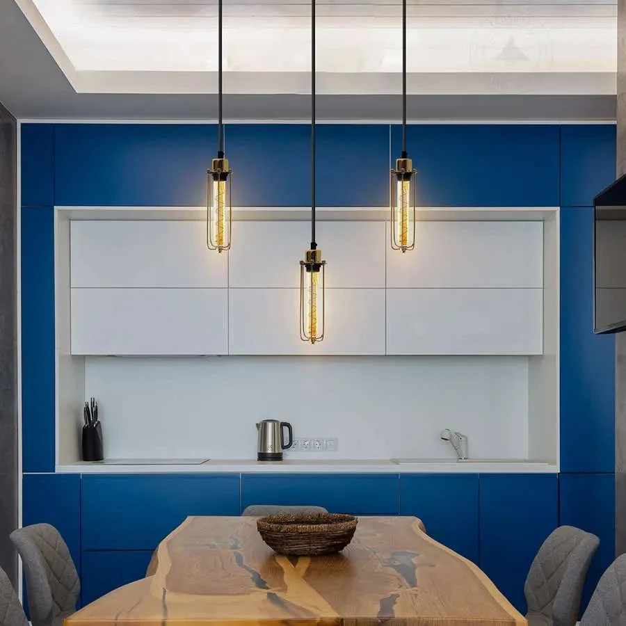 Industrial pendant lamp with three long diamond wire cage shades in black iron, hanging from adjustable cables
