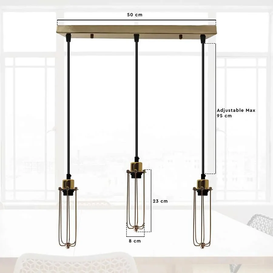 Three-head vintage ceiling light with long diamond wire cages in rustic red, gold, and brass finishes hanging indoors