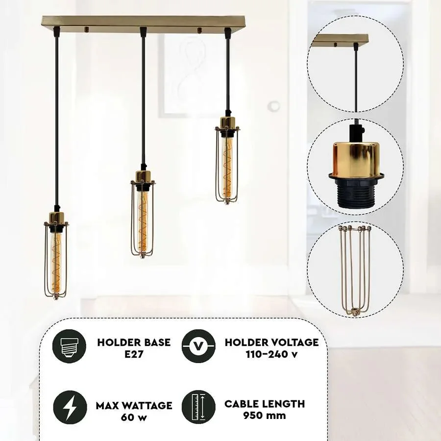 Three long diamond wire cage E27 bulb pendant lights in black iron with adjustable cables hanging from ceiling rose