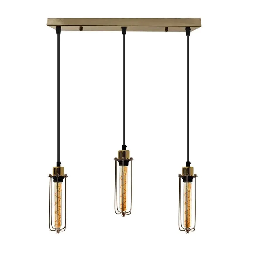 Three-head cluster pendant light with long diamond wire cages in rustic red, gold, and brass finishes hanging indoors