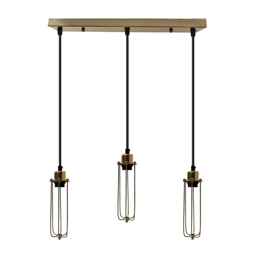 Three long diamond wire cage pendant lights in black iron with adjustable cables hanging from a ceiling rose