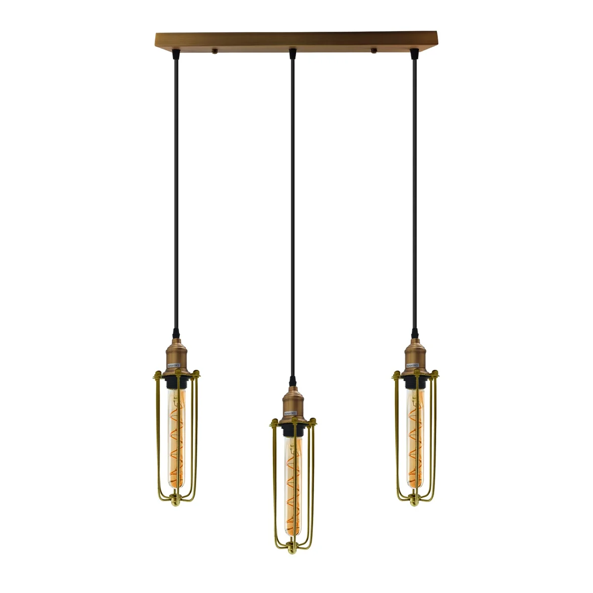 Three long diamond wire cage pendant lights in black iron with adjustable cables hanging from a ceiling rose