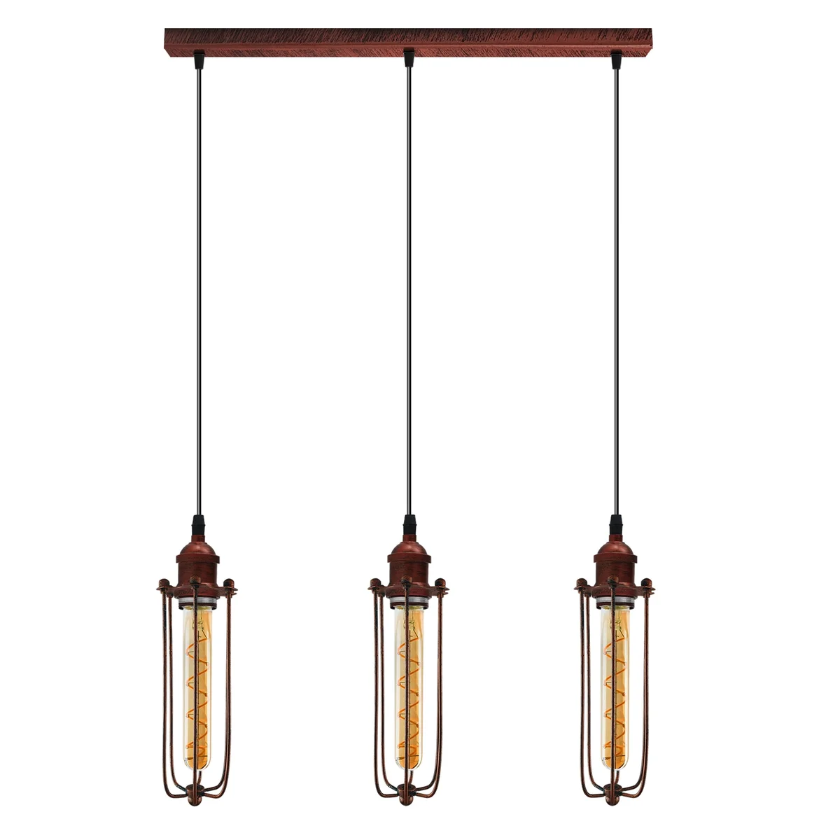 Three long diamond wire cage pendant lights in black iron with adjustable cables hanging from a ceiling rose