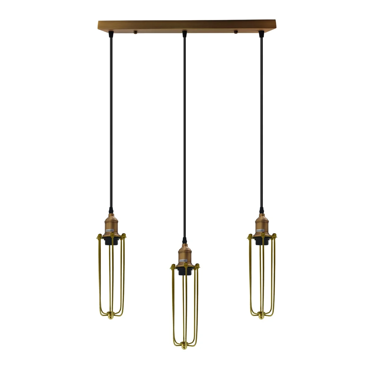 Three long tube wire cage pendant lights with black iron cages hanging from adjustable cables against a white background