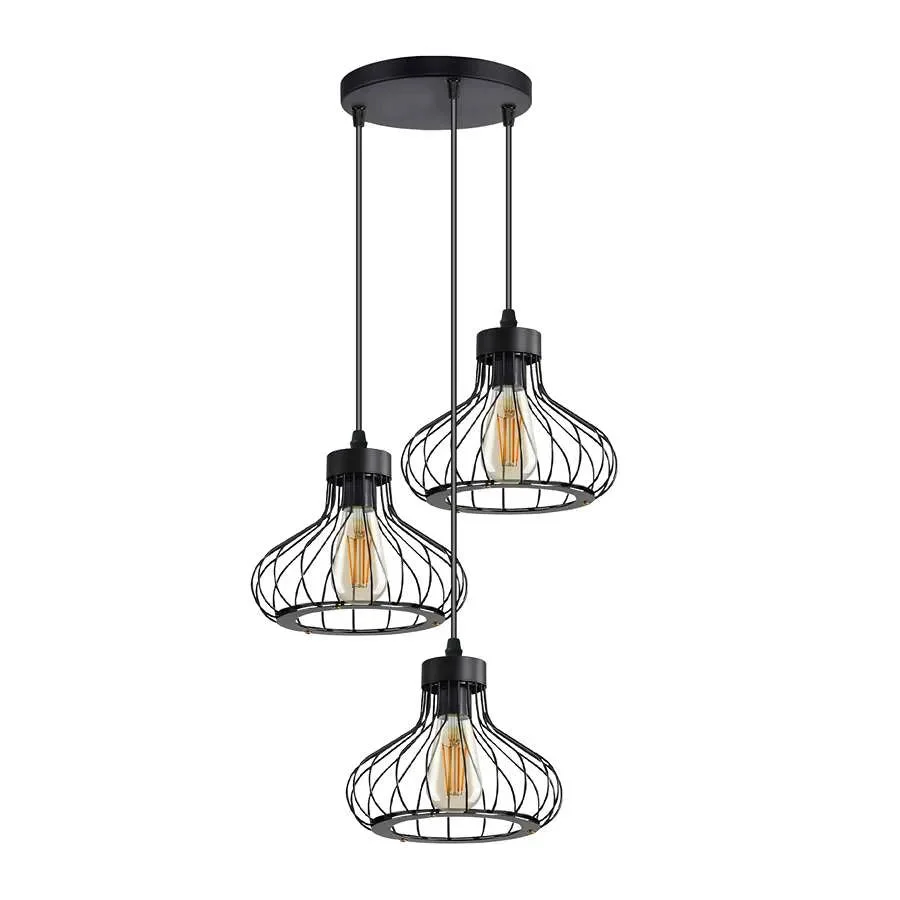 Three black wire cage adjustable cable pendant lights hanging in a cluster with visible E27 bulb holders