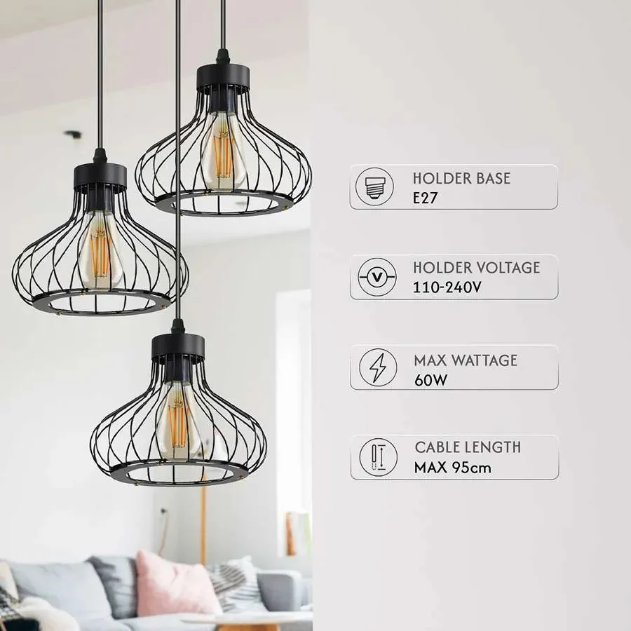 Black industrial style E27 bulb pendant light with three wire cages hanging from adjustable cables against white background