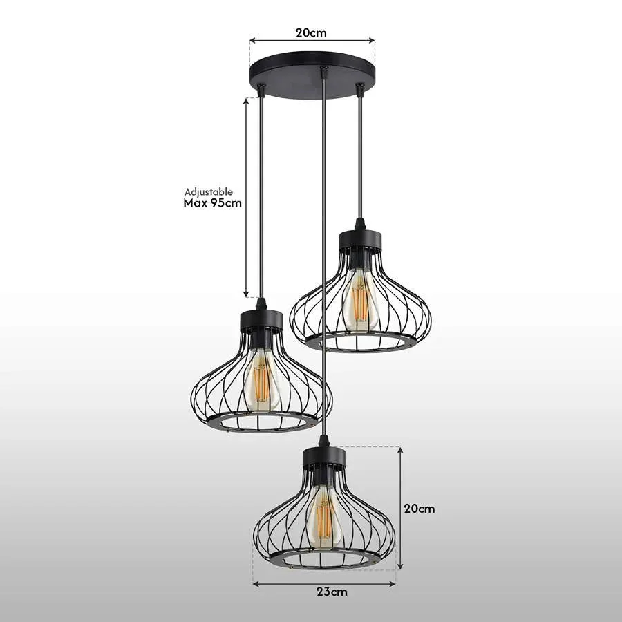 Three black wire cage dimmable industrial pendant lights with adjustable cables hanging in a cluster against white background