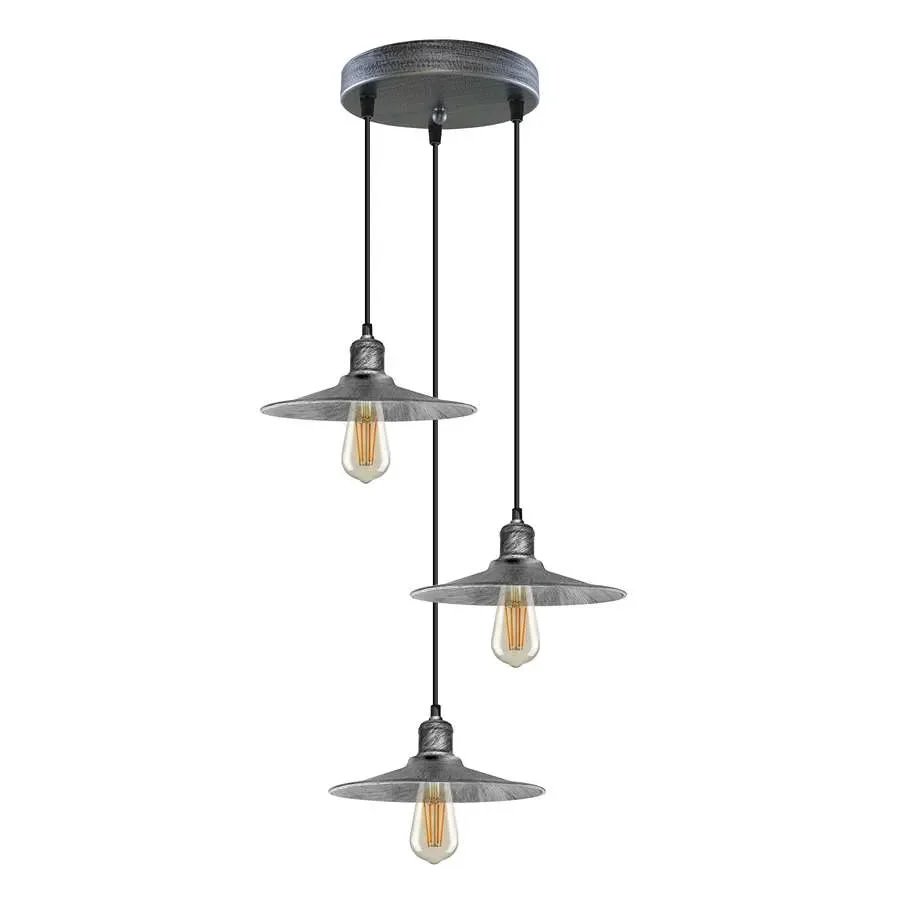 Three‑light industrial ceiling light with metal shades and adjustable cord