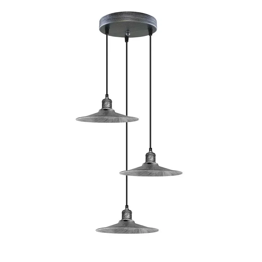 3‑head industrial retro pendant lamp with metal shades and adjustable cord, ready for E27 bulbs.