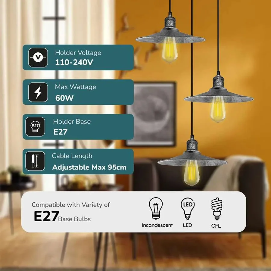 Three E27 pendant lights with metal shades, dimmable, hanging from ceiling, industrial/retro style.