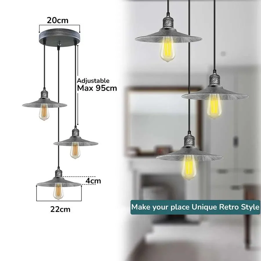 Adjustable pendant lamp with three metal shade lights, industrial style, stainless metal frame.