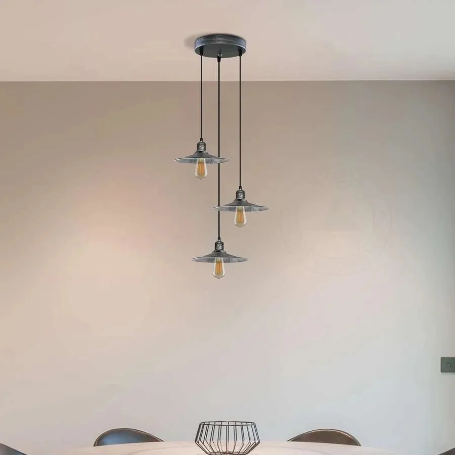 3 light pendant lamp with metal shades, industrial/retro style, white spherical lights hanging from adjustable cable