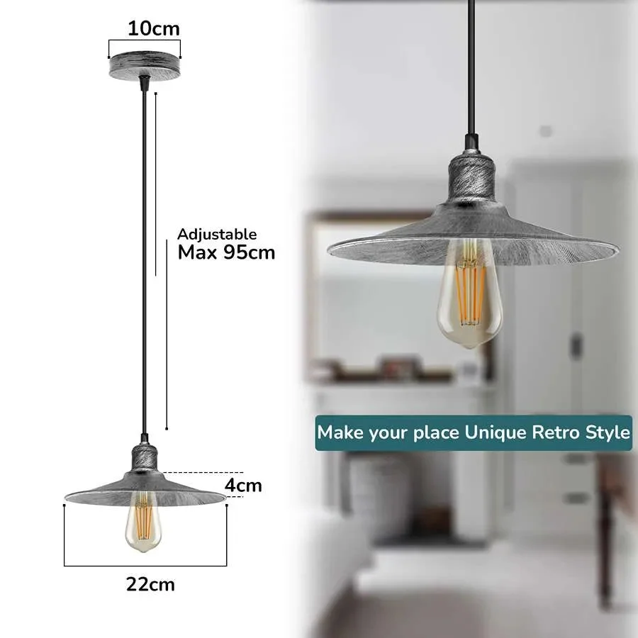 Adjustable height single pendant light with vintage metal cone shade light hanging from ceiling cord