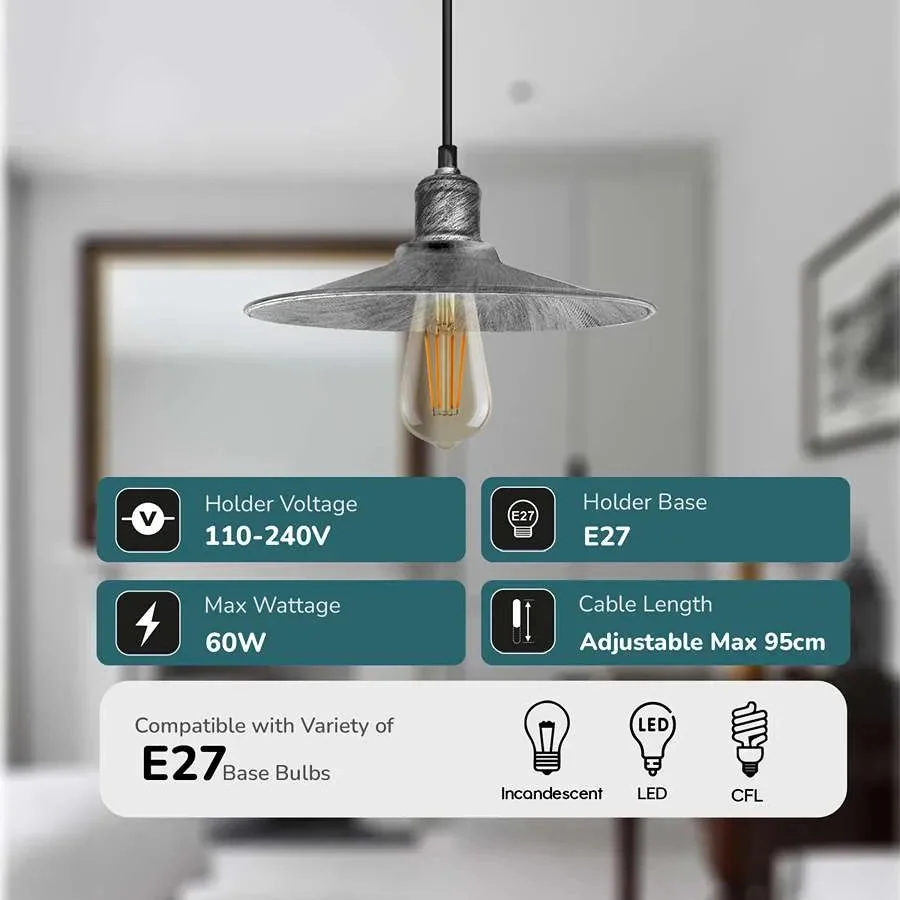 Corded electric pendant with adjustable metal cone shade hanging from ceiling, vintage style, dimmable single light fixture