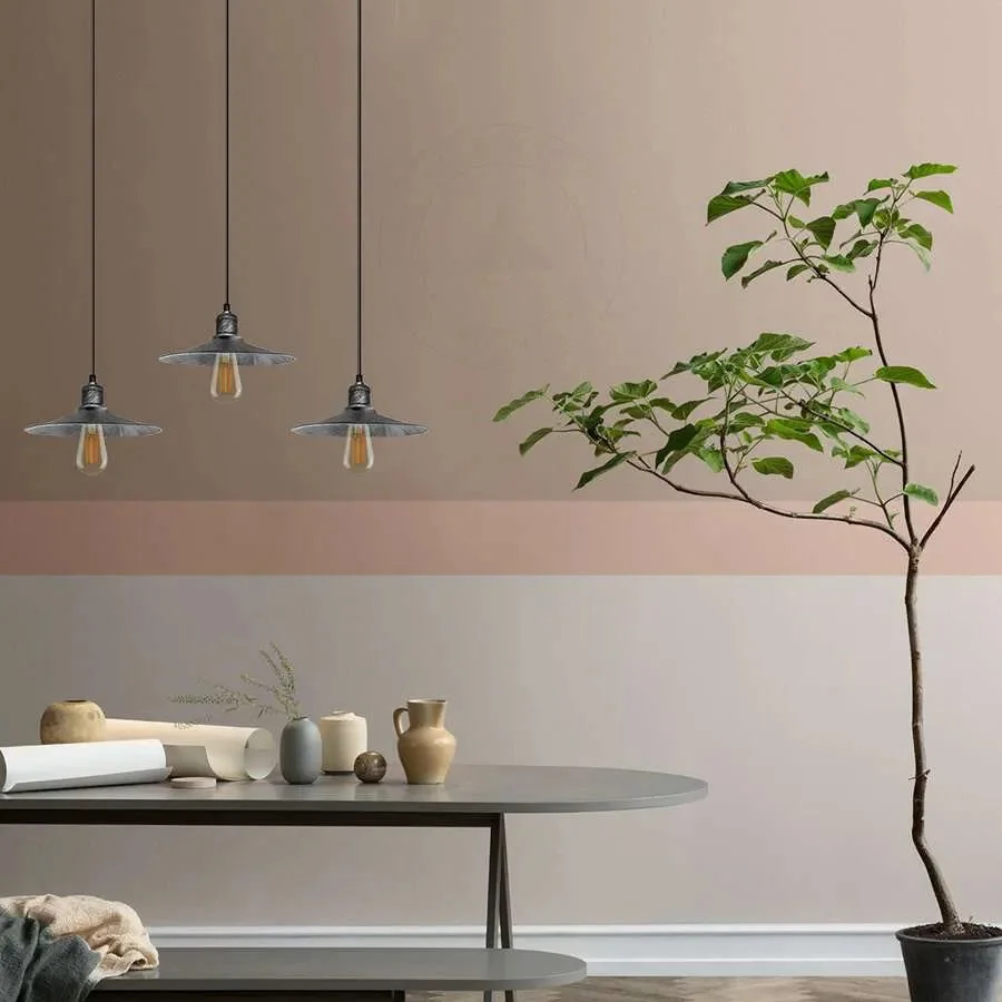 Three‑head metal pendant light with industrial/retro shade, slender cables, suitable for restaurant pendant lighting