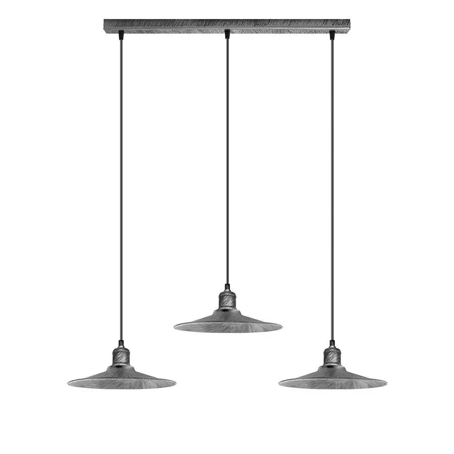Dimmable ceiling pendant with three metal lamps, industrial/retro style, hanging from adjustable cable, for E27 bulbs.