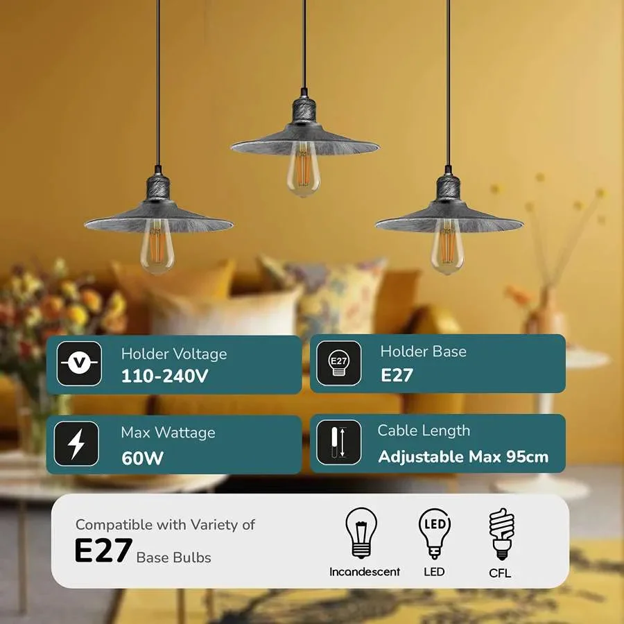 Three metal industrial pendant lights with round shades, each fitted with an E27 pendant light base, dimmable amber glow.