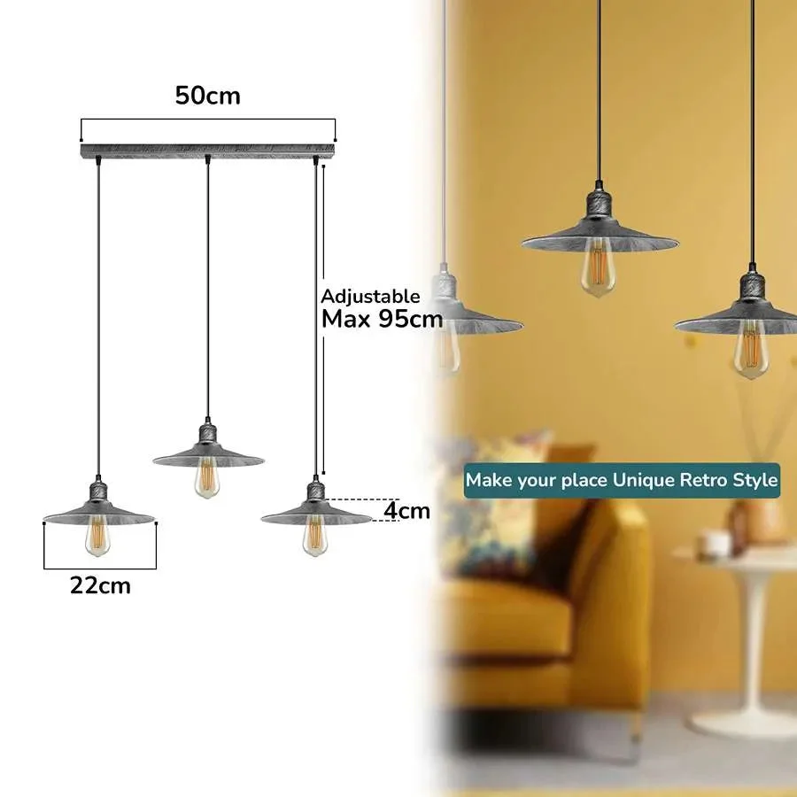 Three metal pendant lamps in industrial style hanging from ceiling, each with E27 bulb holder.