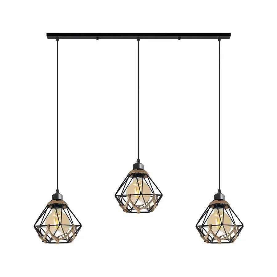 Industrial 3-light cage pendant with metal cages and hemp rope detailing hanging from adjustable cables