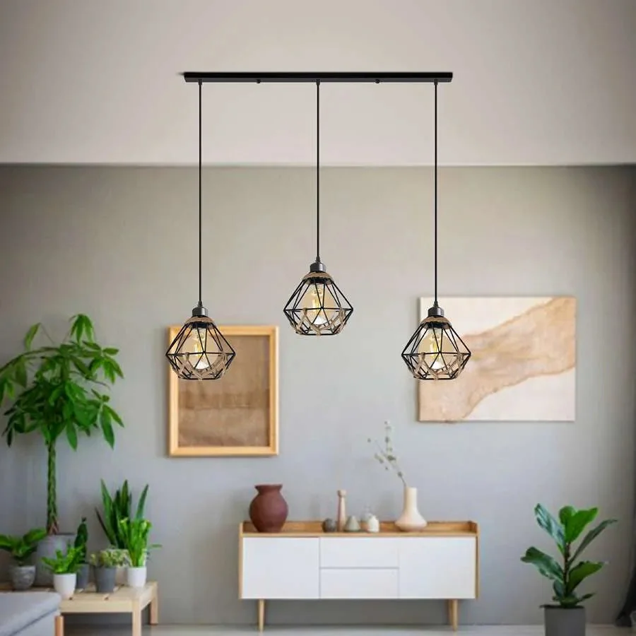 Three-light industrial pendant with metal cages, hemp rope detailing, and adjustable hanging light cables on white background