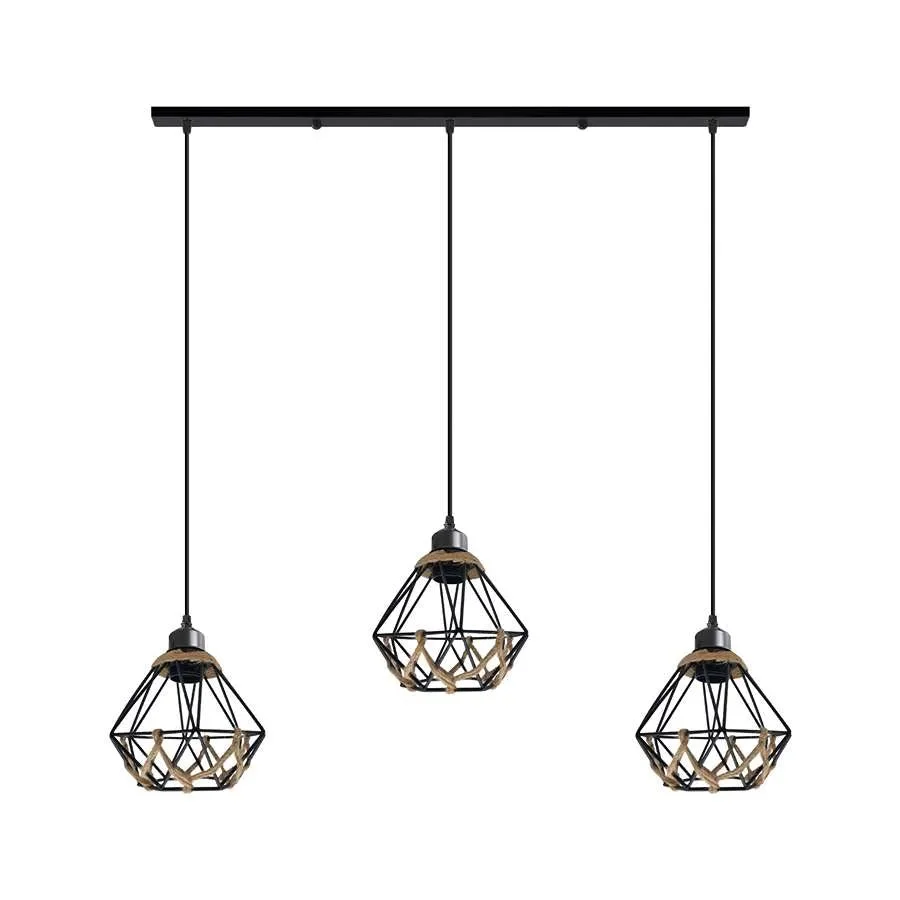 Industrial 3-light cage pendant with adjustable hemp rope pendant cables and metal wire cages hanging from ceiling rose