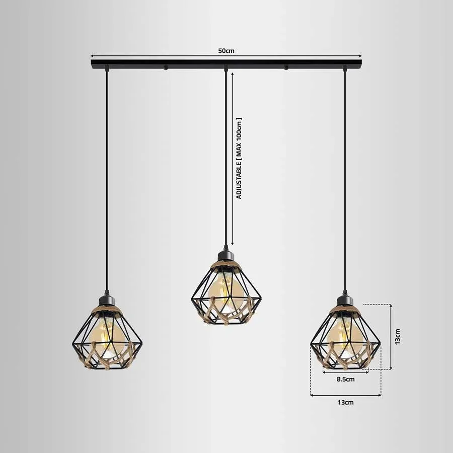Three dimmable industrial light cages with hemp rope detailing hanging from adjustable cables against a white background