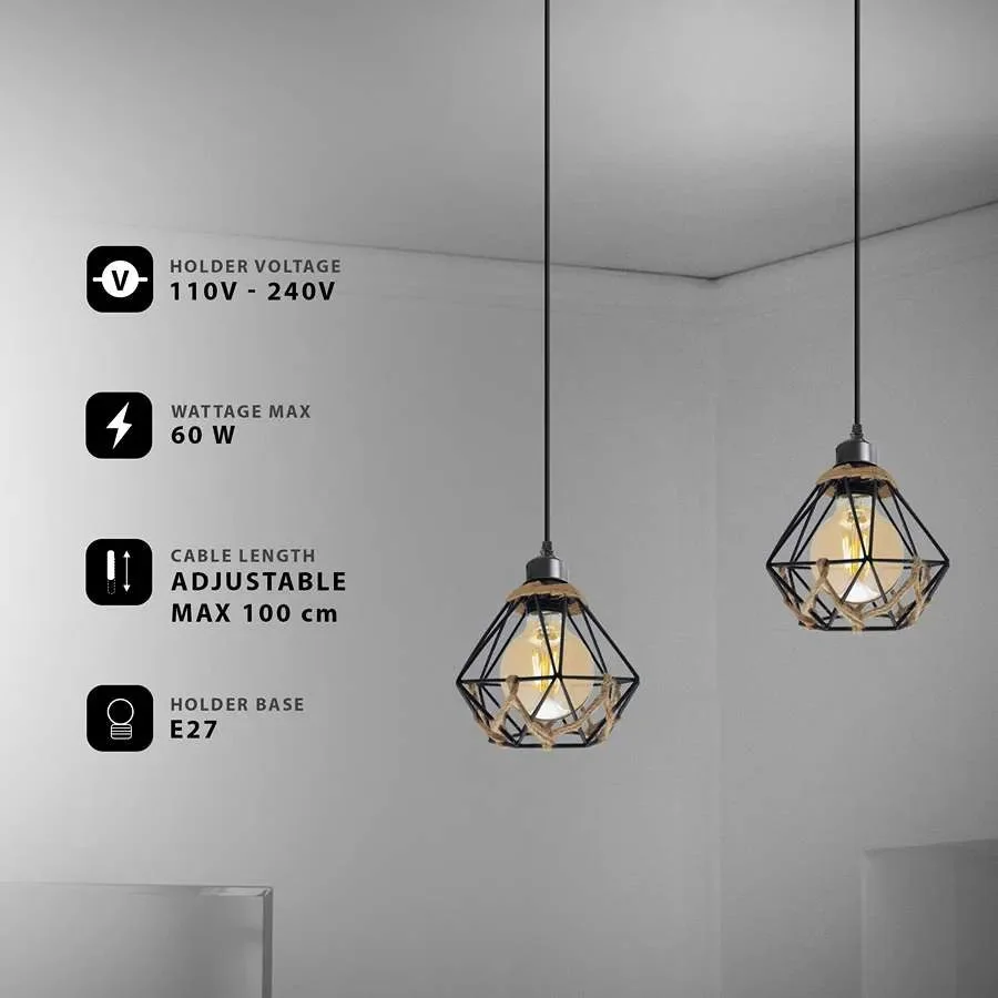 Three-light industrial pendant light with metal cages and hemp rope detailing hanging from adjustable cables