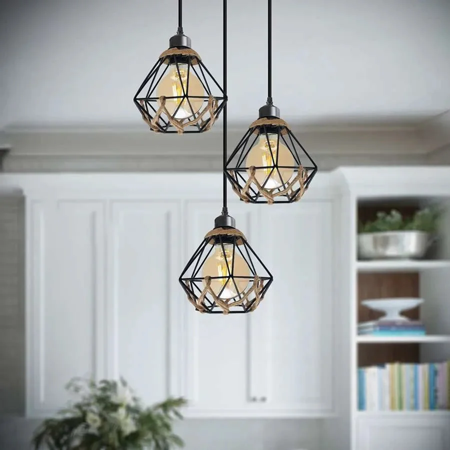 3-light industrial adjustable hanging light with metal cages and hemp rope cables for cafe or bar ceiling installation