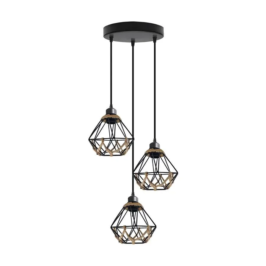 Three vintage style pendant light fixtures with metal cages and hemp rope cords hanging against a white background