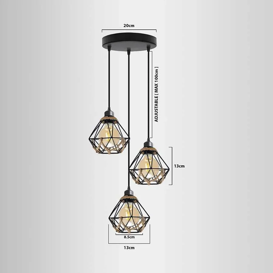 Three dimmable industrial light pendant lamps with metal cages and adjustable hemp rope cables hanging from ceiling rose