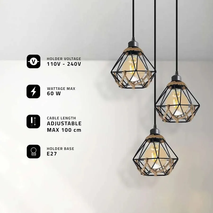 Three metal cage lamps with hemp rope cords hanging from ceiling, showcasing industrial cluster pendant light design