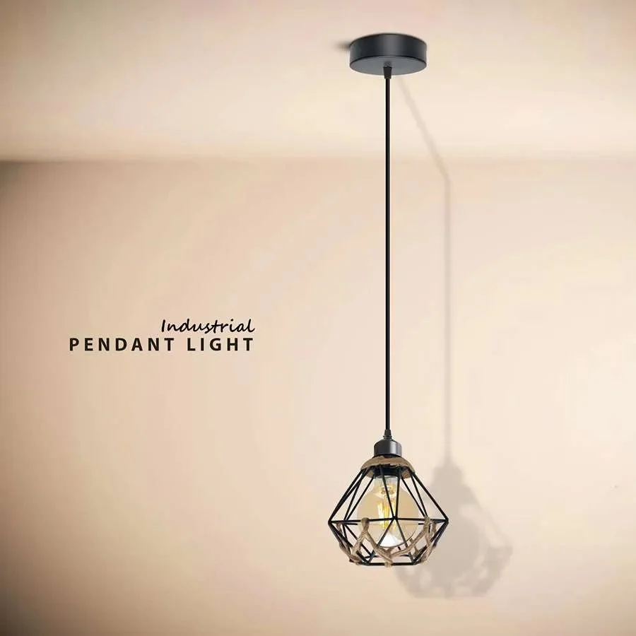 Industrial pendant light with metal cage covered in hemp rope, hanging from adjustable 100cm cable, vintage style ceiling lamp