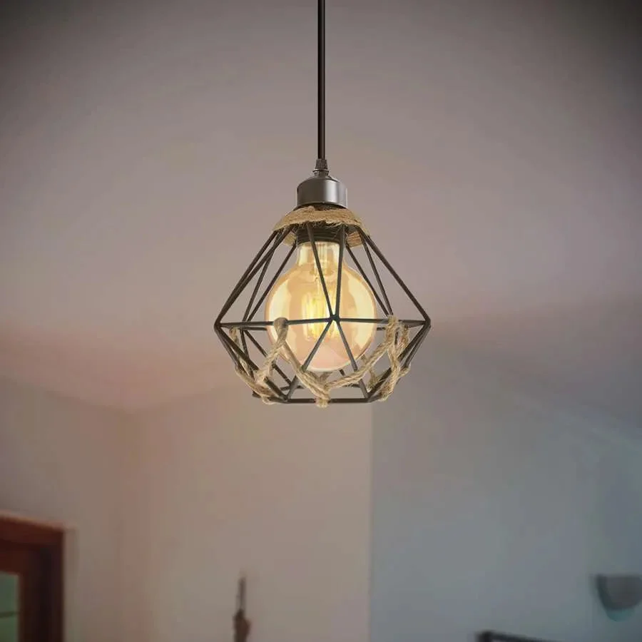 Industrial metal cage pendant light with hemp rope cover, adjustable cable, vintage style for cafe or bar ceiling mount