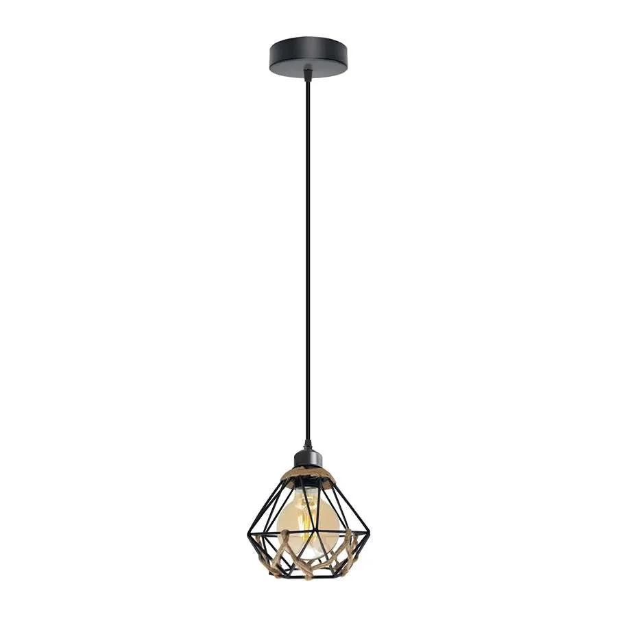 Industrial adjustable hanging light with metal cage and hemp rope, suitable for cafe, bar, or restaurant ceiling mounting