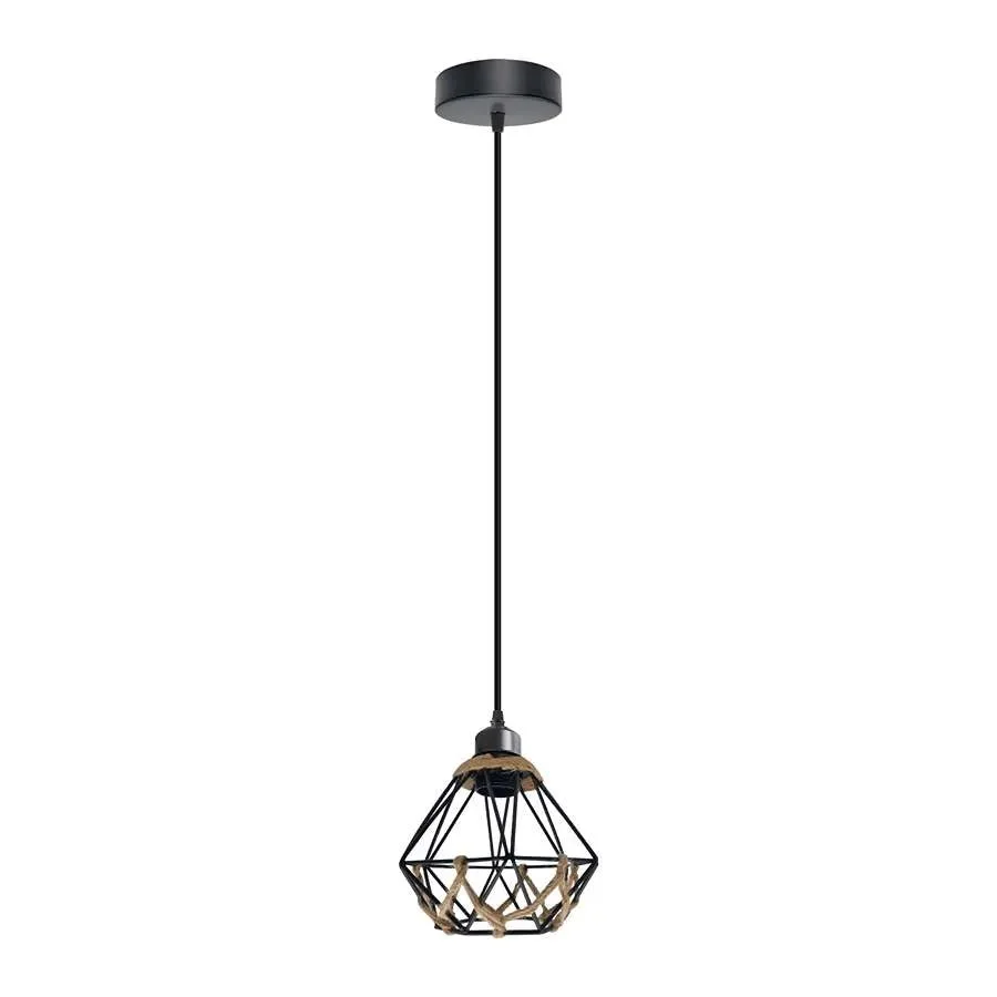 Industrial style E27 bulb pendant light with metal cage and hemp rope, adjustable cable, ideal for cafe or bar lighting