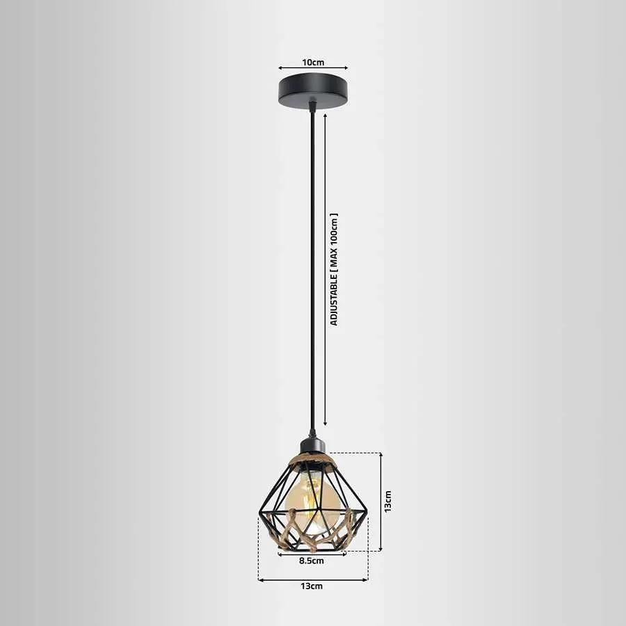 Industrial vintage style ceiling light with metal cage and hemp rope, adjustable cable, ideal for cafe or bar lighting