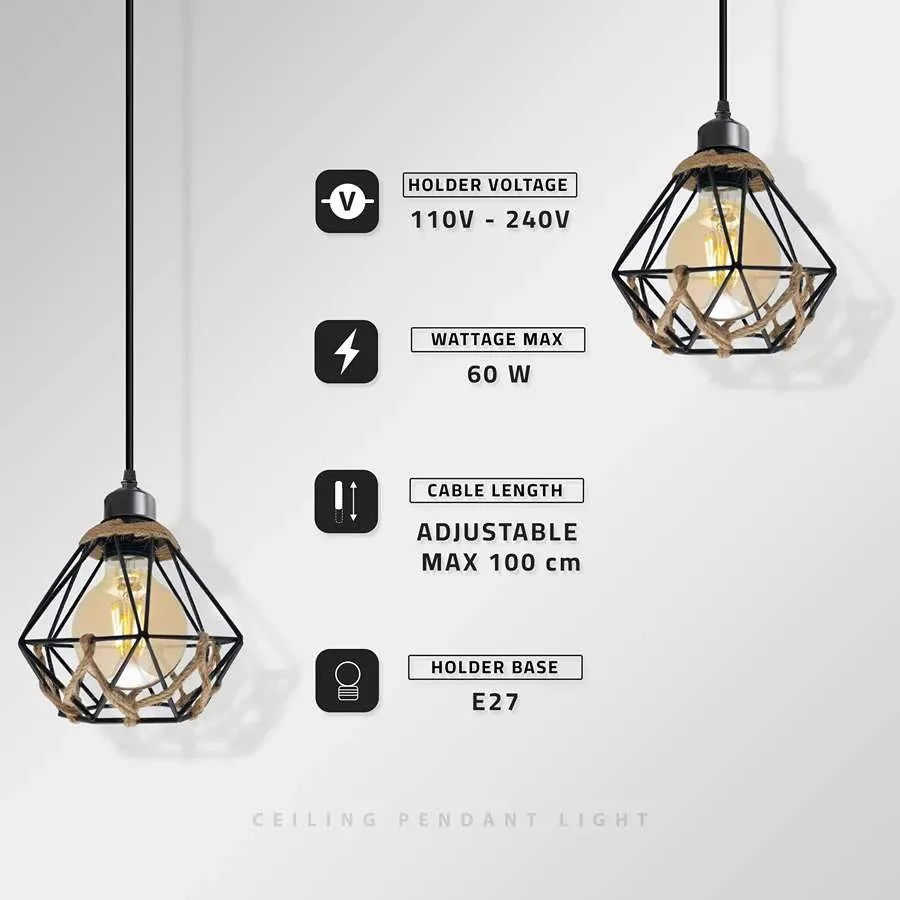 Industrial hemp rope pendant light with metal cage, adjustable cable, suitable for cafe or bar ceiling installation