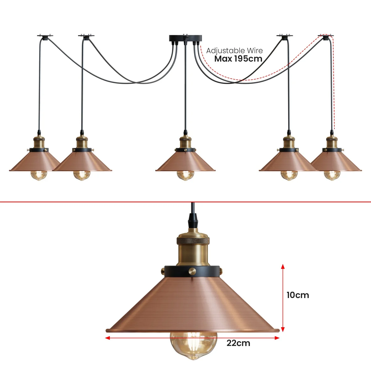 Industrial vintage pendant light with 8 metal cone shades on adjustable cables and a round ceiling rose in black finish